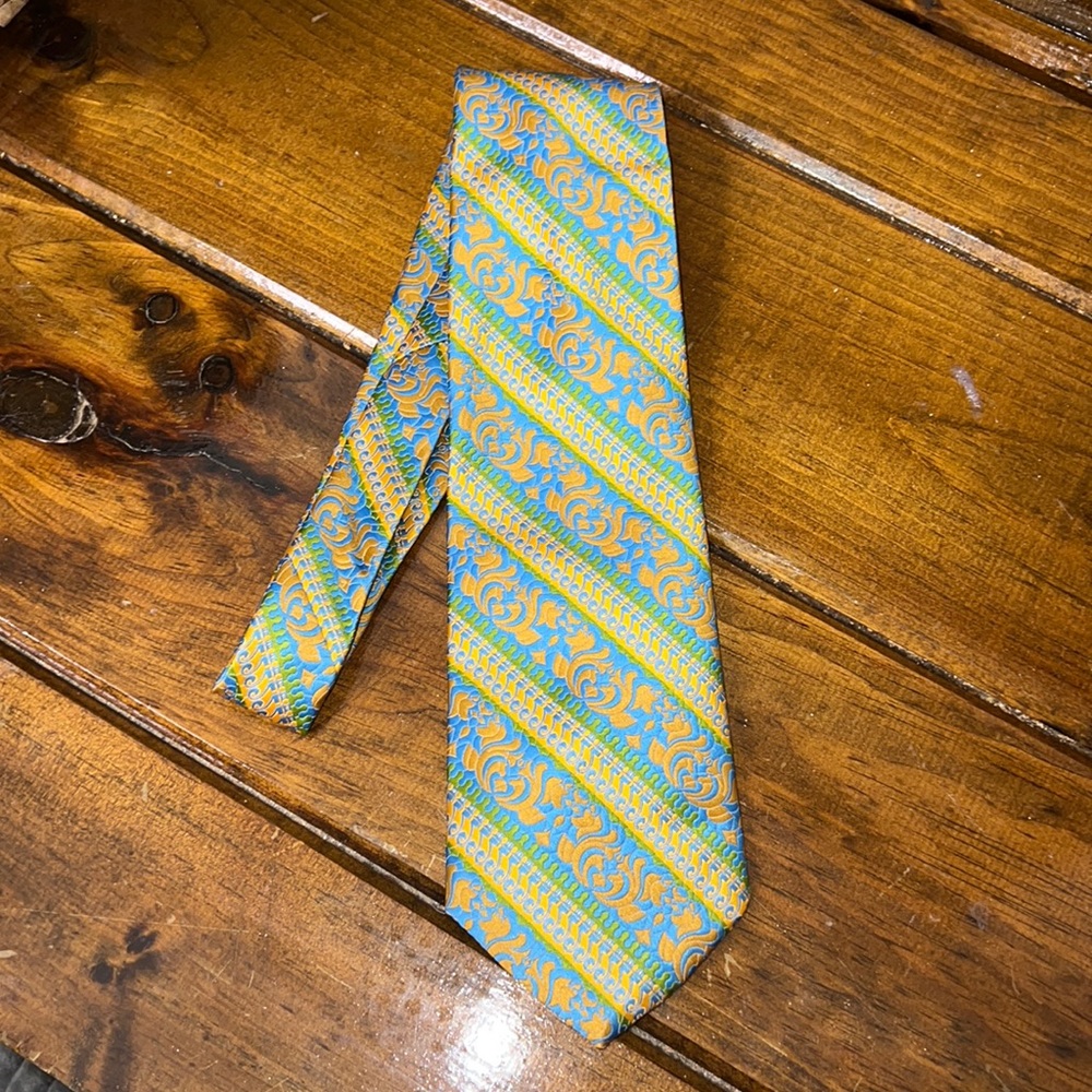 Vintage Yellow, Blue & Green Paisley Patterned Tie- OS